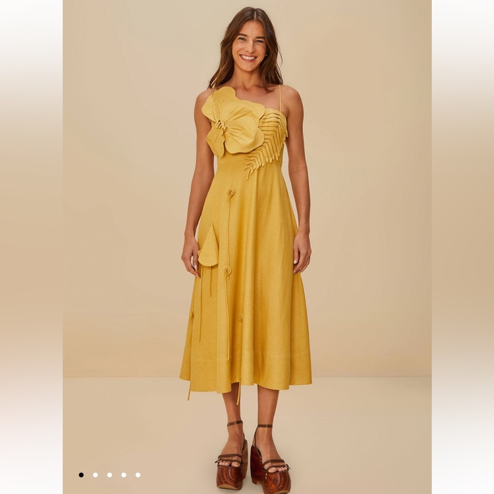 Farm Rio Sand Garden Ecovero Lenzing Euroflax Floral Applique Midi Dress L